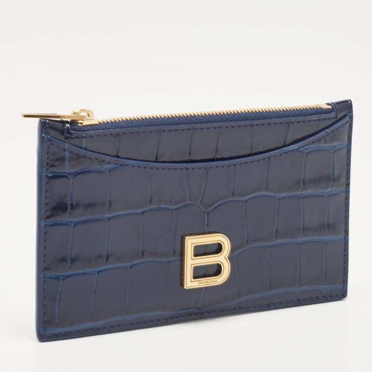 Pre Owned Balenciaga Blue Croc Embossed Leather Zip Card Case