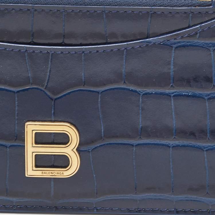 Pre Owned Balenciaga Blue Croc Embossed Leather Zip Card Case