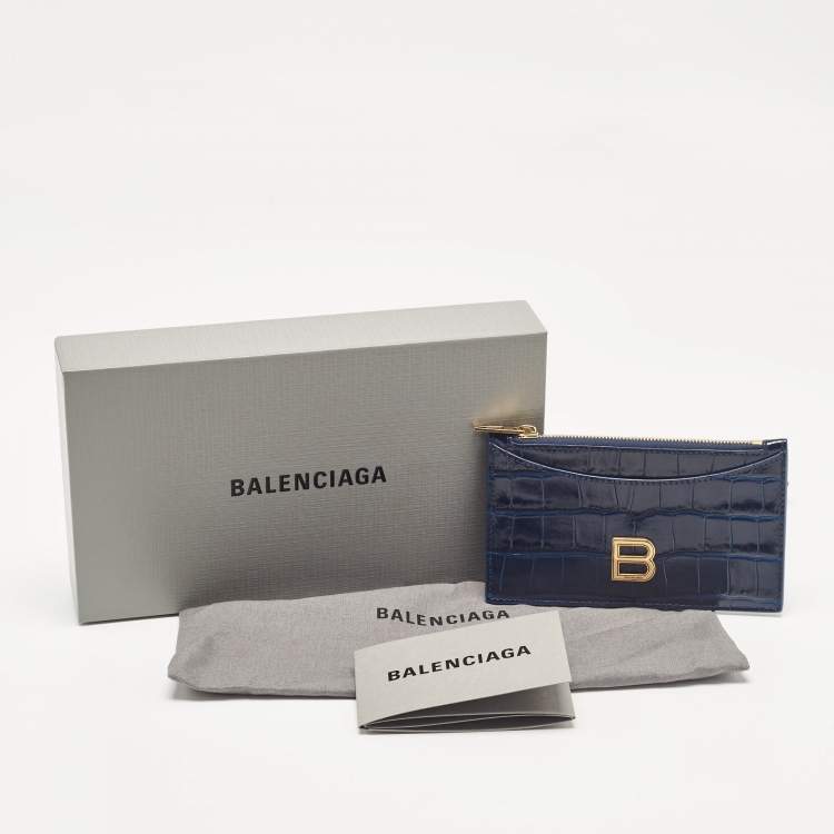 Pre Owned Balenciaga Blue Croc Embossed Leather Zip Card Case