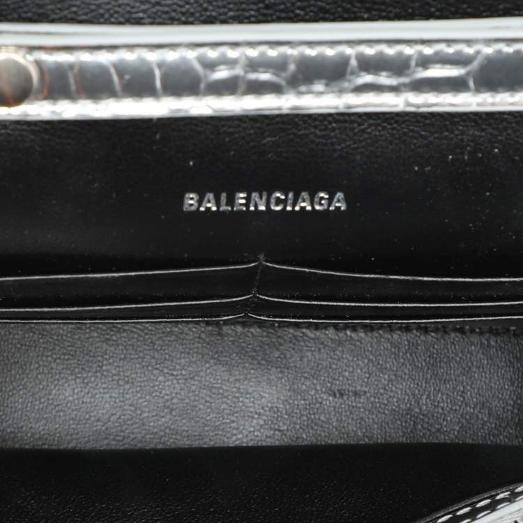 Pre Owned Balenciaga Silver Croc Embossed Leather Hourglass Wallet On Chain