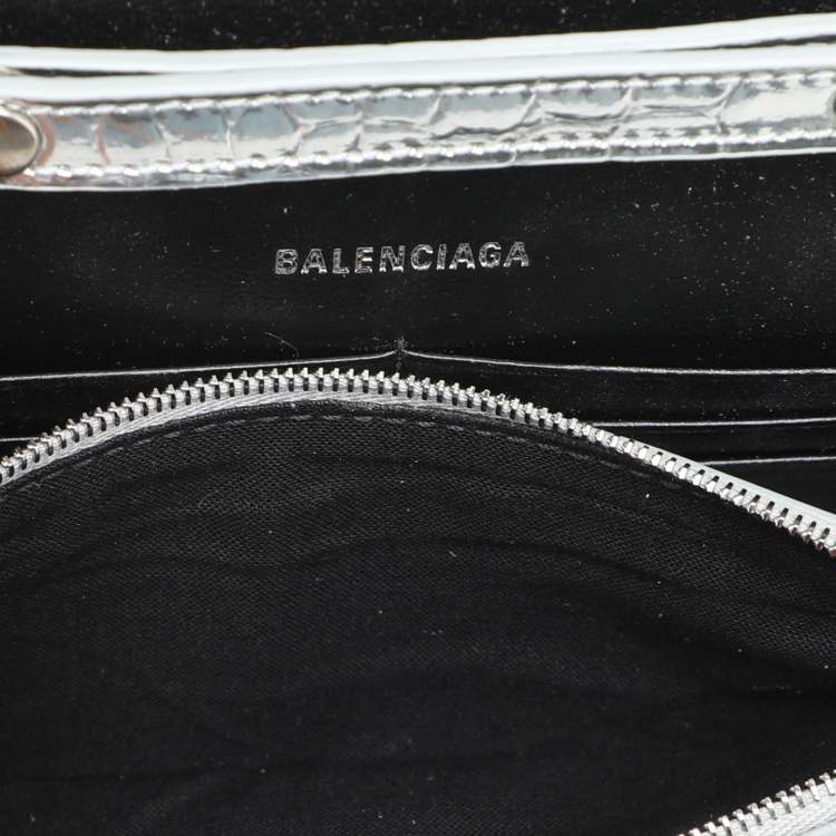 Pre Owned Balenciaga Silver Croc Embossed Leather Hourglass Wallet On Chain