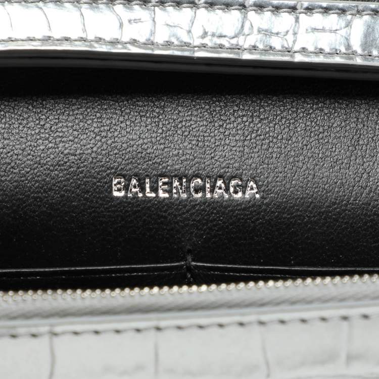 Pre Owned Balenciaga Silver Croc Embossed Leather Hourglass Wallet On Chain