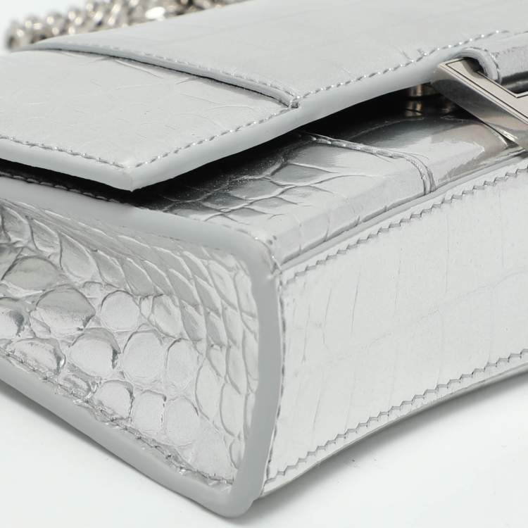 Pre Owned Balenciaga Silver Croc Embossed Leather Hourglass Wallet On Chain