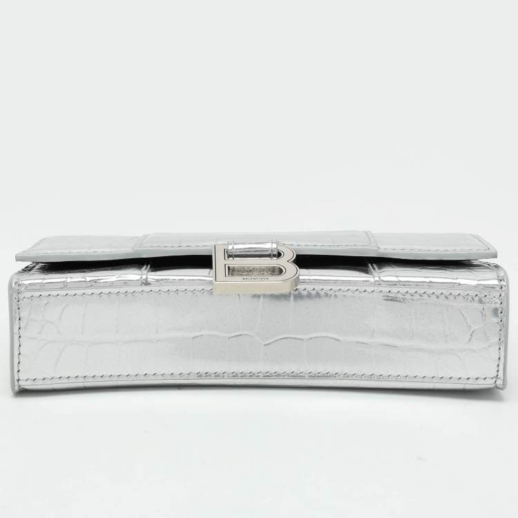 Pre Owned Balenciaga Silver Croc Embossed Leather Hourglass Wallet On Chain