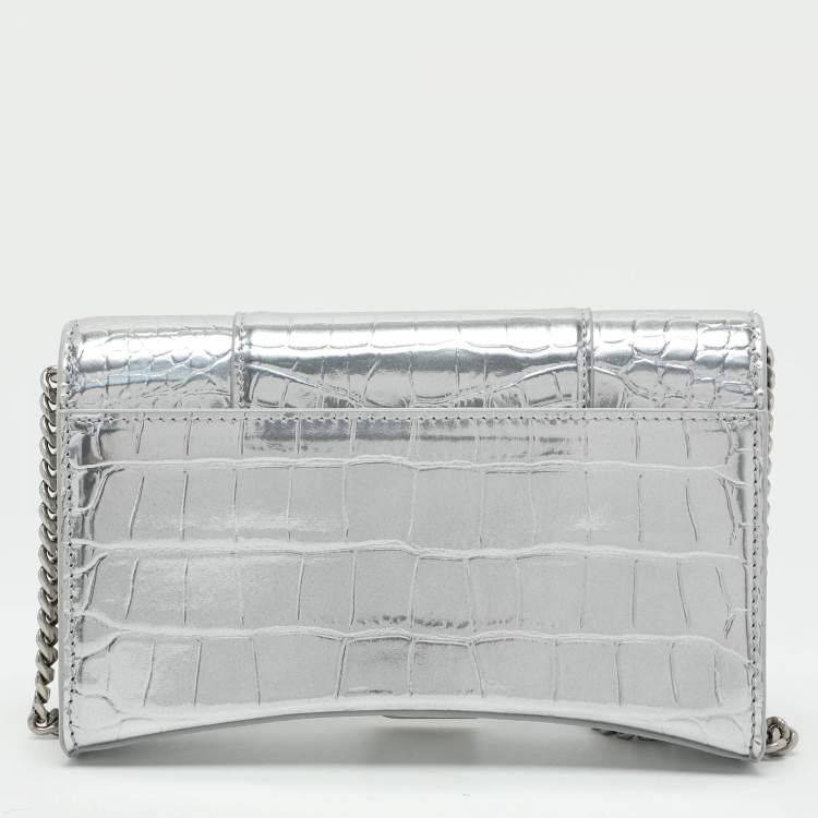 Pre Owned Balenciaga Silver Croc Embossed Leather Hourglass Wallet On Chain