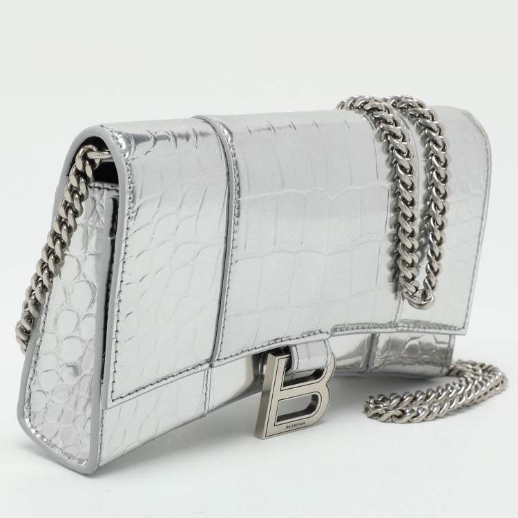 Pre Owned Balenciaga Silver Croc Embossed Leather Hourglass Wallet On Chain
