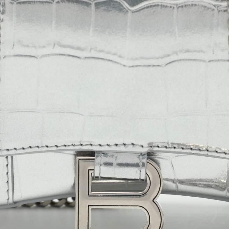Pre Owned Balenciaga Silver Croc Embossed Leather Hourglass Wallet On Chain