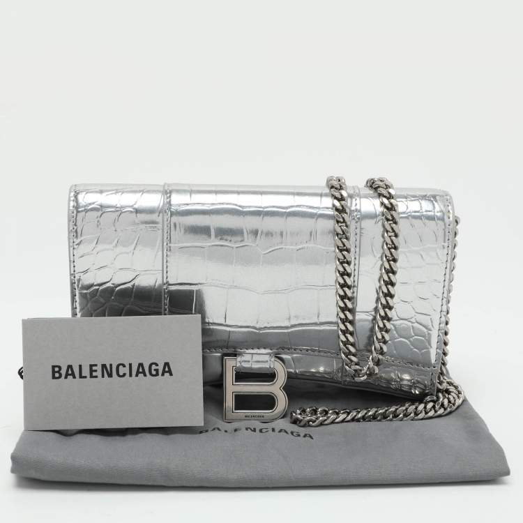 Pre Owned Balenciaga Silver Croc Embossed Leather Hourglass Wallet On Chain