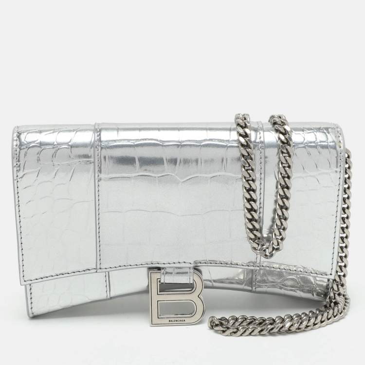 Pre Owned Balenciaga Silver Croc Embossed Leather Hourglass Wallet On Chain