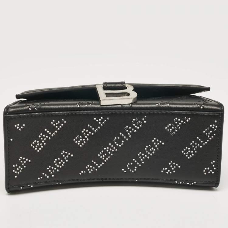 Pre Owned Balenciaga Black Leather XS Diagonal Logo Crystal Hourglass Top Handle Bag