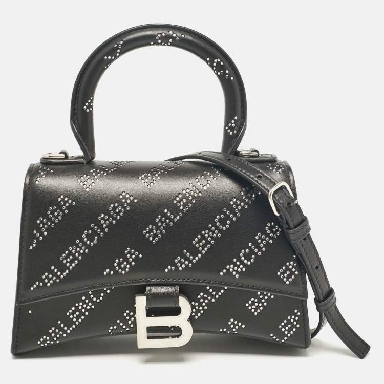 Pre Owned Balenciaga Black Leather XS Diagonal Logo Crystal Hourglass Top Handle Bag