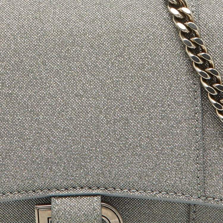 Pre Owned Balenciaga Grey Glitter Fabric XS Hourglass Wallet on Chain
