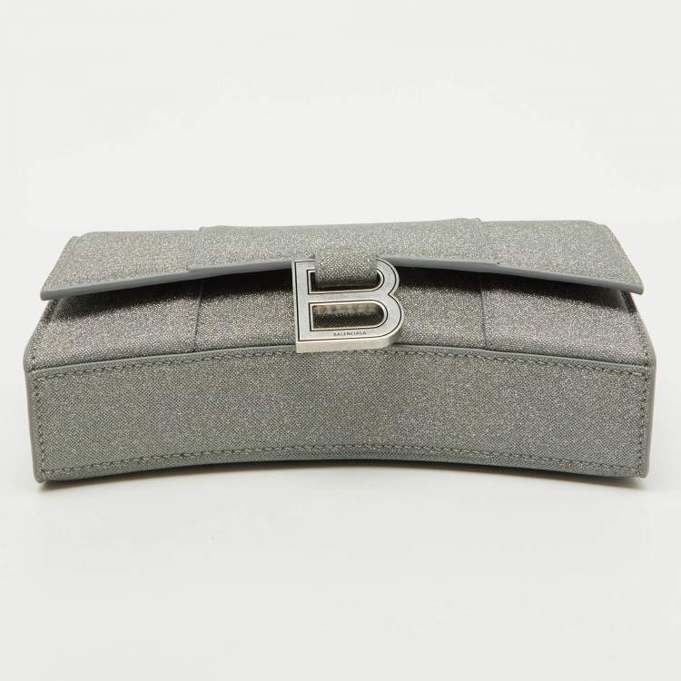 Pre Owned Balenciaga Grey Glitter Fabric XS Hourglass Wallet on Chain