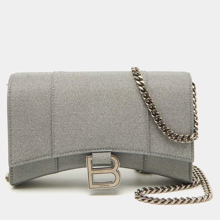ショルダーバッグ・ポシェット BALENCIAGA HOURGLASS WALLET ON CHAIN IN DARK GREY LLIZED Balenciaga Hourglass Glitter Wallet-on-Chain