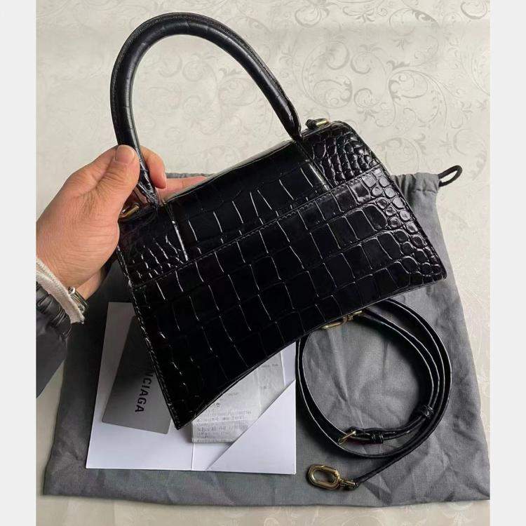 Pre Owned Balenciaga black and gold crocodile pattern Hourglass bag size S