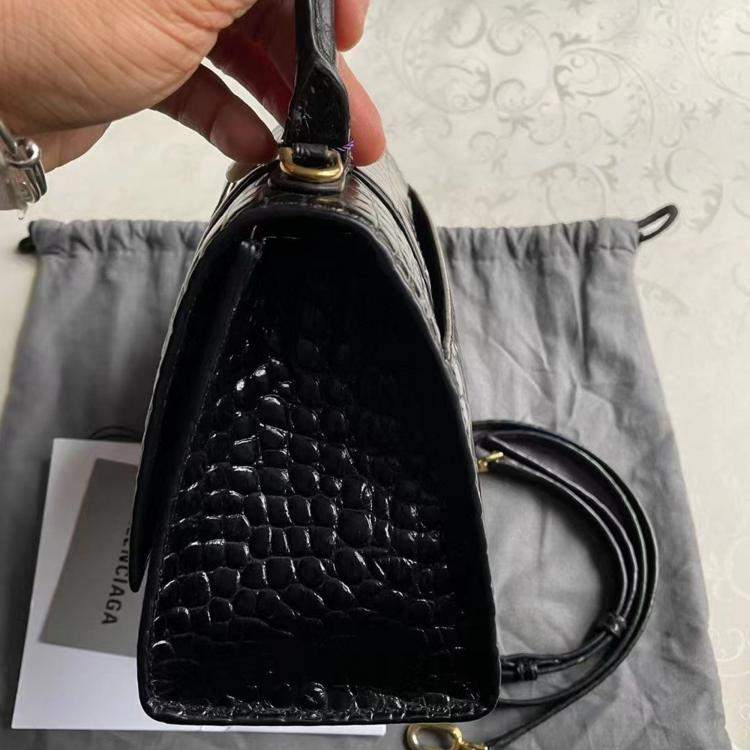 Pre Owned Balenciaga black and gold crocodile pattern Hourglass bag size S