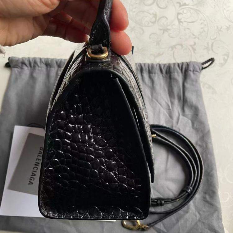 Pre Owned Balenciaga black and gold crocodile pattern Hourglass bag size S