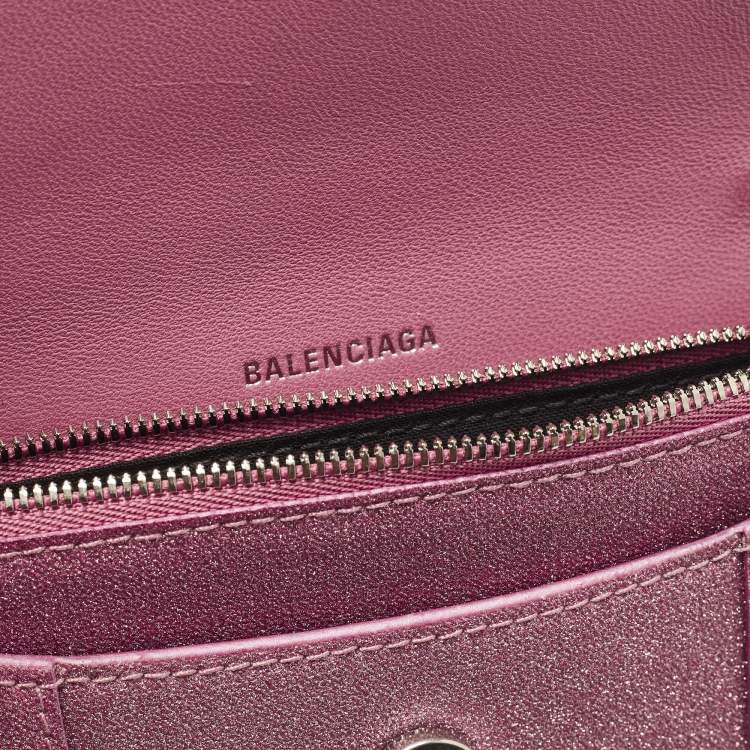 Pre Owned Balenciaga Pink Glitter Leather XS Hourglass Wallet on Chain