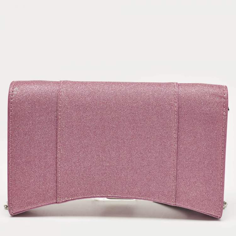 Pre Owned Balenciaga Pink Glitter Leather XS Hourglass Wallet on Chain