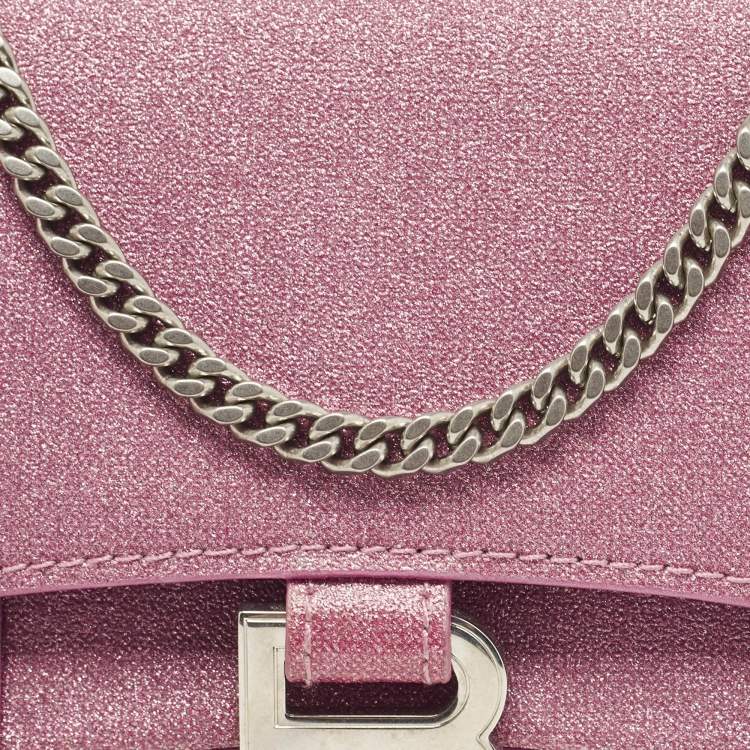 Pre Owned Balenciaga Pink Glitter Leather XS Hourglass Wallet on Chain