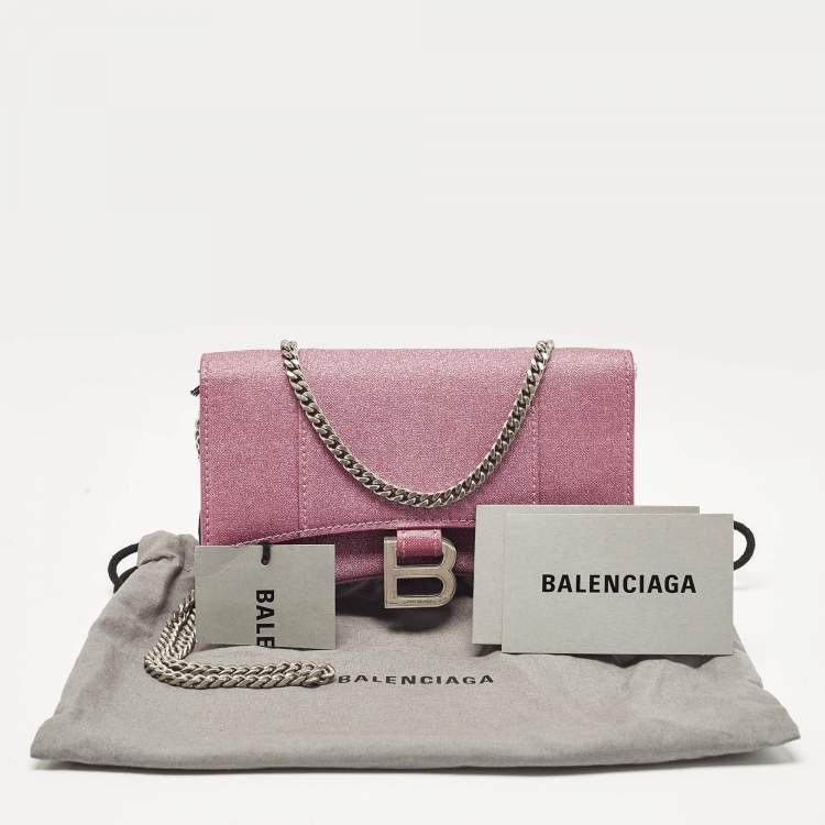 Pre Owned Balenciaga Pink Glitter Leather XS Hourglass Wallet on Chain