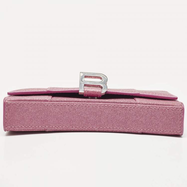 Pre Owned Balenciaga Pink Glitter Leather XS Hourglass Wallet on Chain