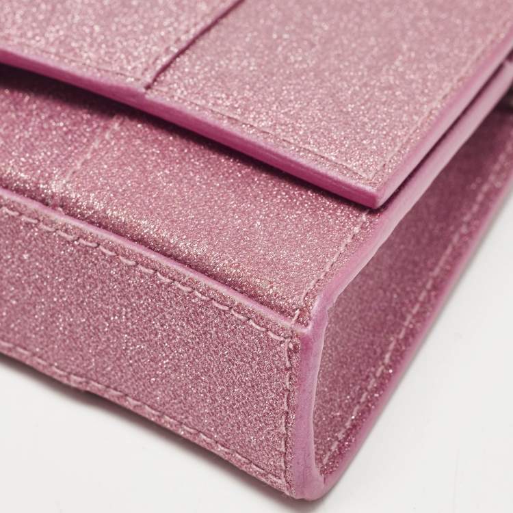 Pre Owned Balenciaga Pink Glitter Leather XS Hourglass Wallet on Chain