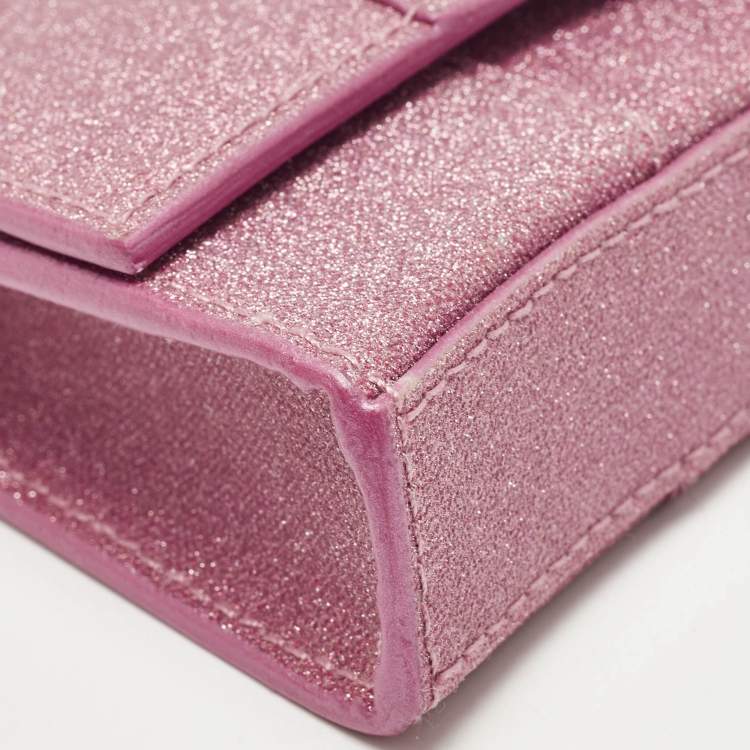 Pre Owned Balenciaga Pink Glitter Leather XS Hourglass Wallet on Chain