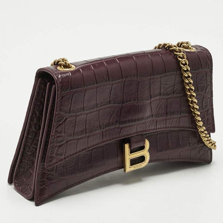 Pre Owned Balenciaga Dark Red Croc Embossed Leather XS Crush Chain Shoulder Bag
