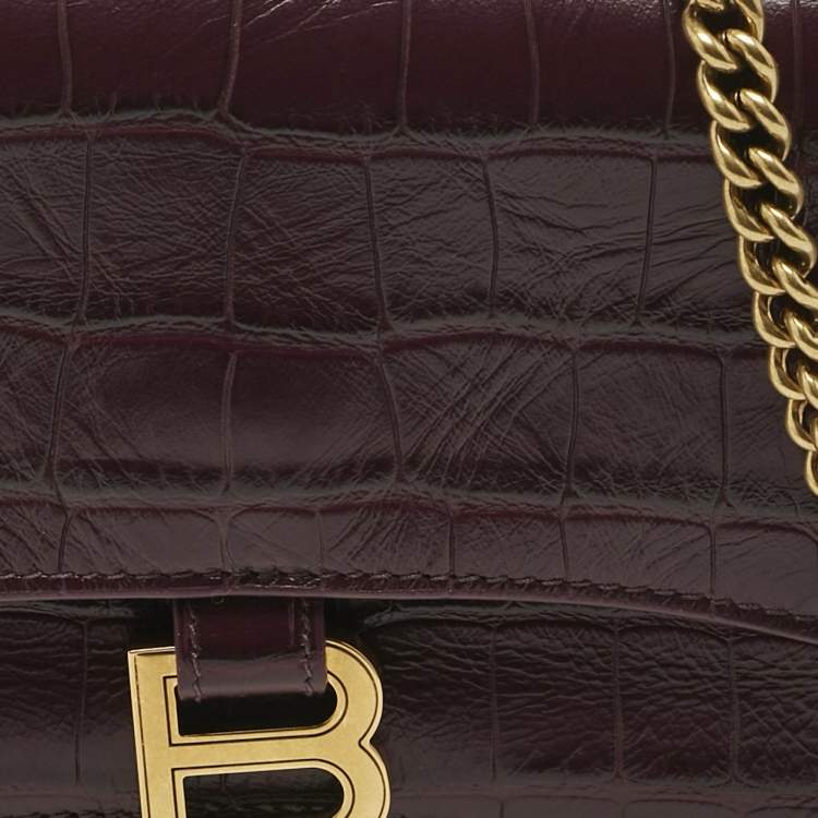 Pre Owned Balenciaga Dark Red Croc Embossed Leather XS Crush Chain Shoulder Bag