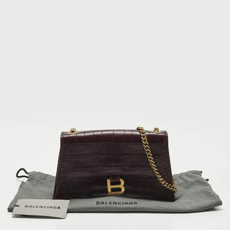 Pre Owned Balenciaga Dark Red Croc Embossed Leather XS Crush Chain Shoulder Bag