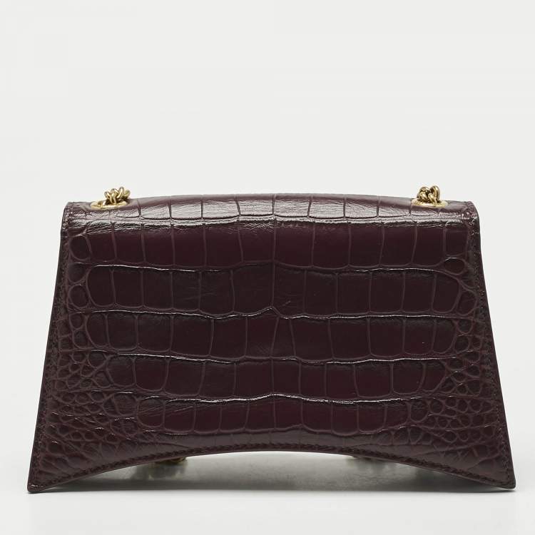 Pre Owned Balenciaga Dark Red Croc Embossed Leather XS Crush Chain Shoulder Bag
