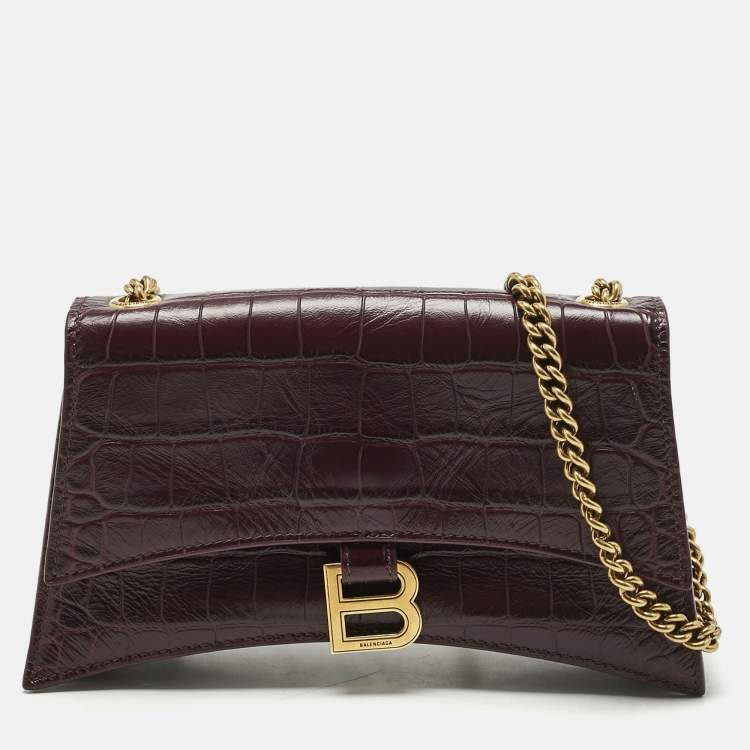 Pre Owned Balenciaga Dark Red Croc Embossed Leather XS Crush Chain Shoulder Bag