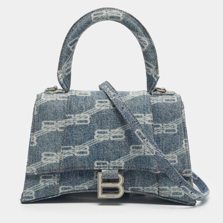 Pre Owned Balenciaga Blue BB Monogram Denim Small Hourglass Top Handle Bag