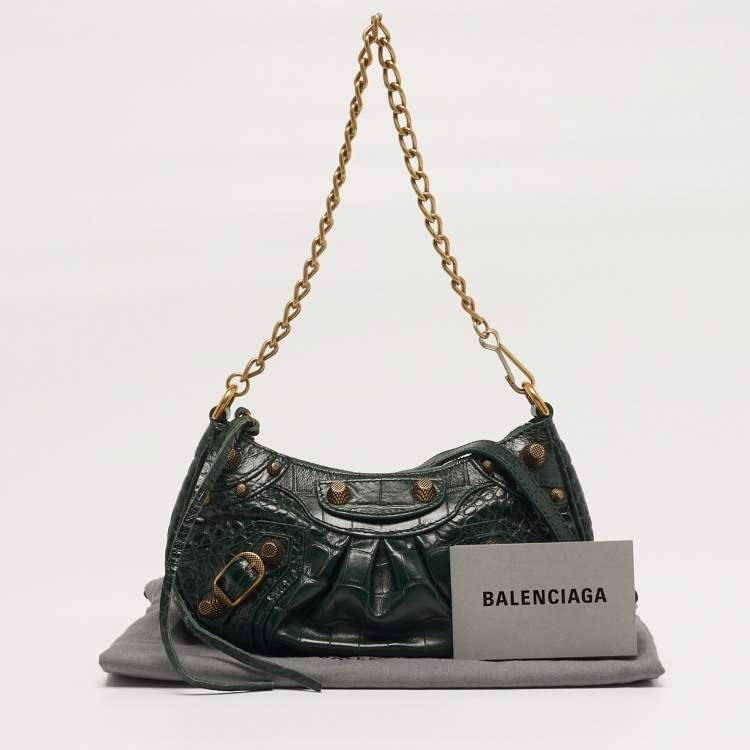 Pre Owned Balenciaga Le Cagole Chain Mini Green Croc Embossed Leather Crossbody Bag