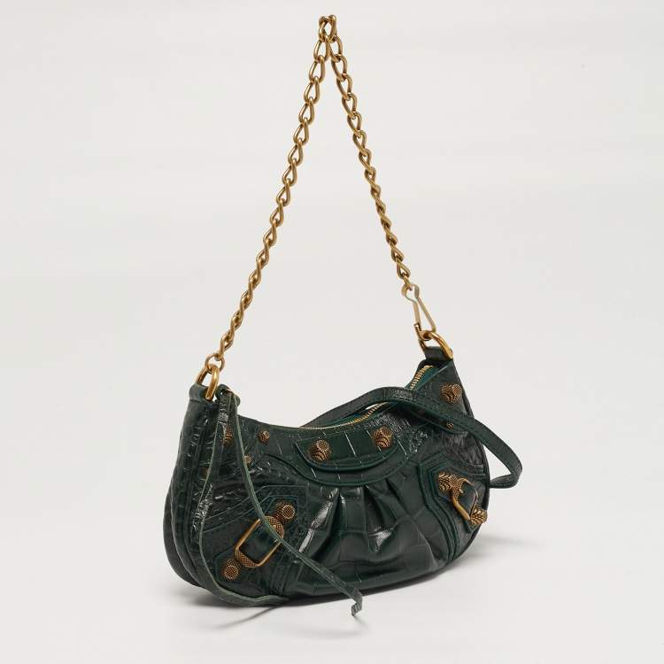 Pre Owned Balenciaga Le Cagole Chain Mini Green Croc Embossed Leather Crossbody Bag