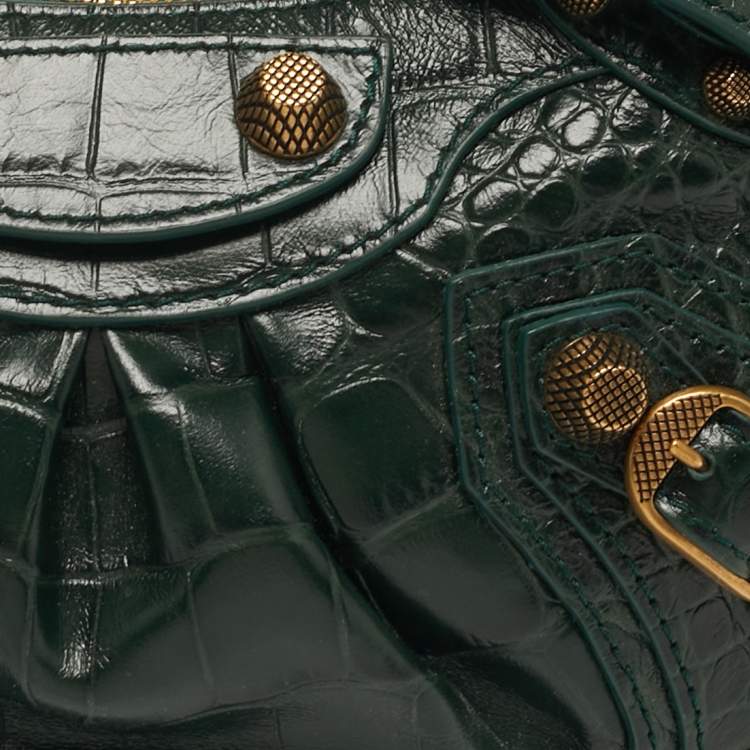 Pre Owned Balenciaga Le Cagole Chain Mini Green Croc Embossed Leather Crossbody Bag