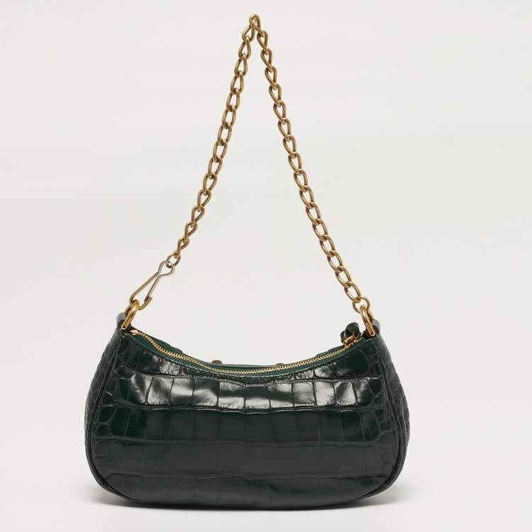 Pre Owned Balenciaga Le Cagole Chain Mini Green Croc Embossed Leather Crossbody Bag