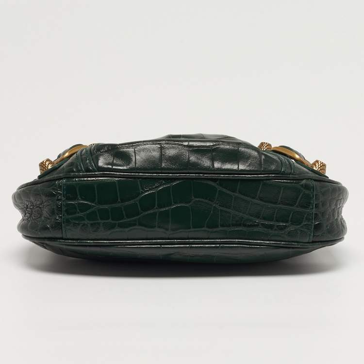 Pre Owned Balenciaga Le Cagole Chain Mini Green Croc Embossed Leather Crossbody Bag