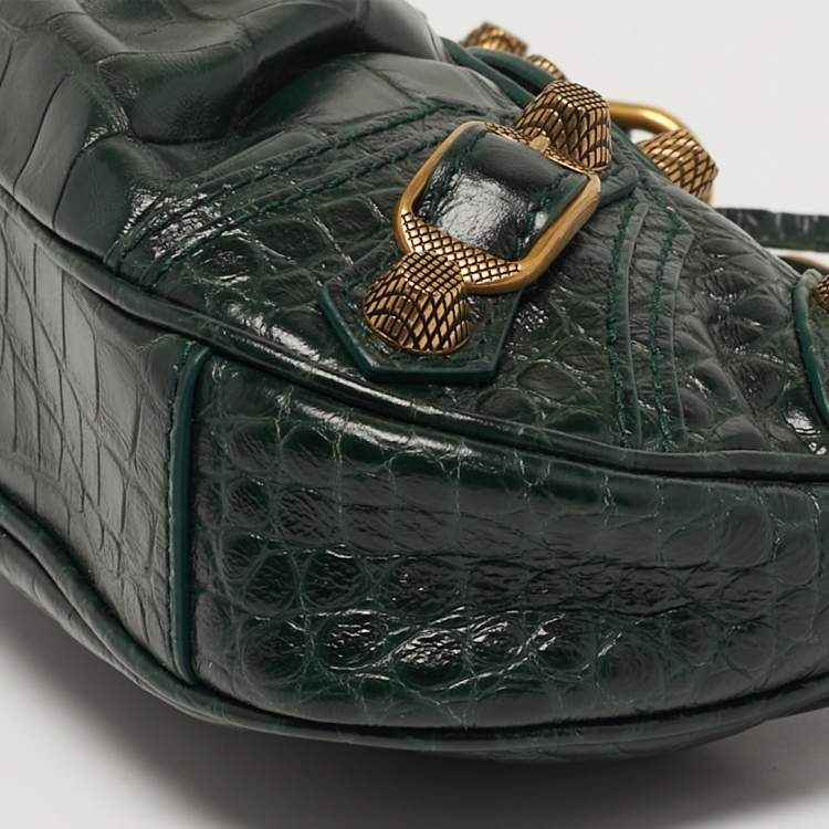 Pre Owned Balenciaga Le Cagole Chain Mini Green Croc Embossed Leather Crossbody Bag