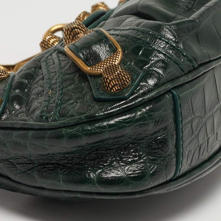 Pre Owned Balenciaga Le Cagole Chain Mini Green Croc Embossed Leather Crossbody Bag