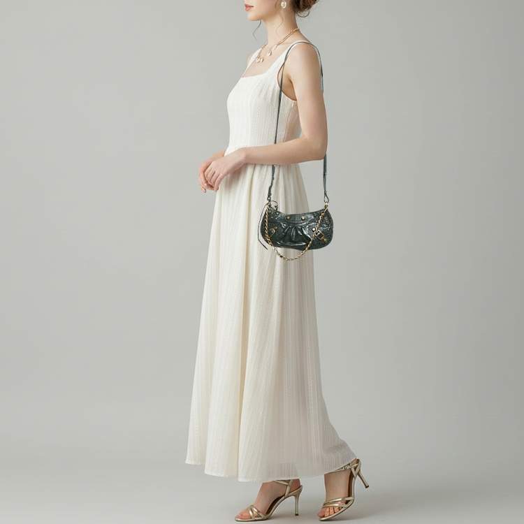 Pre Owned Balenciaga Le Cagole Chain Mini Green Croc Embossed Leather Crossbody Bag