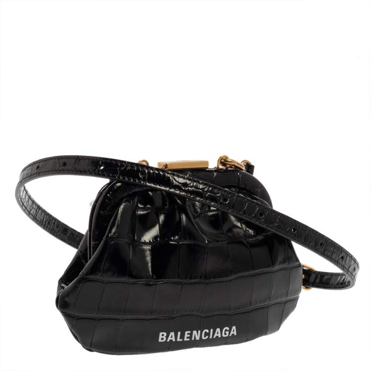 Pre Owned Balenciaga Black Croc Embossed Leather Cloud Coin Purse Clutch Bag