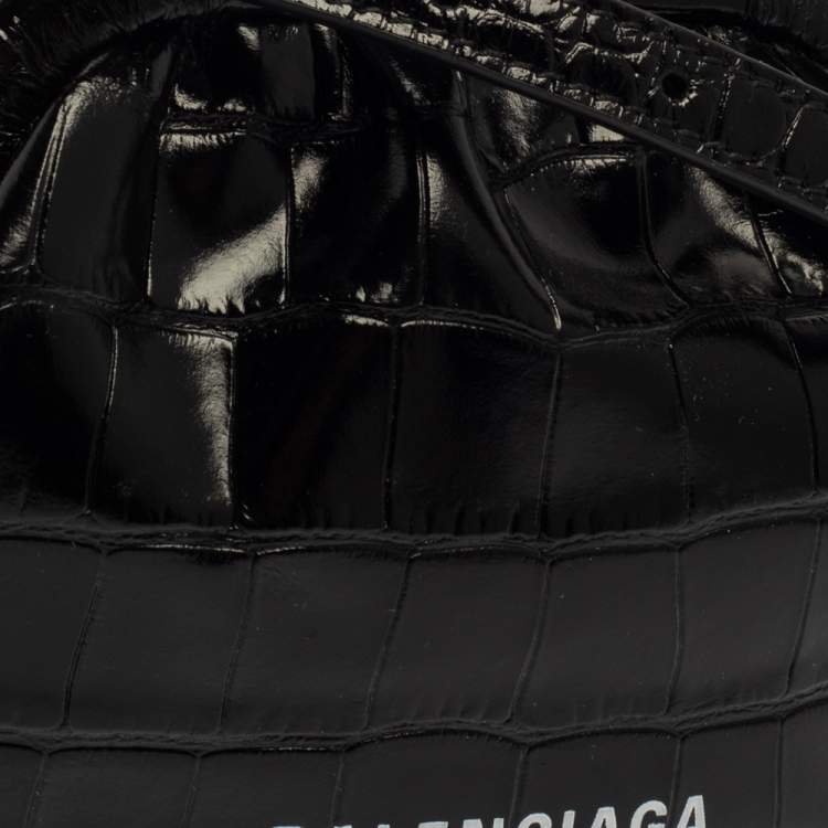 Pre Owned Balenciaga Black Croc Embossed Leather Cloud Coin Purse Clutch Bag