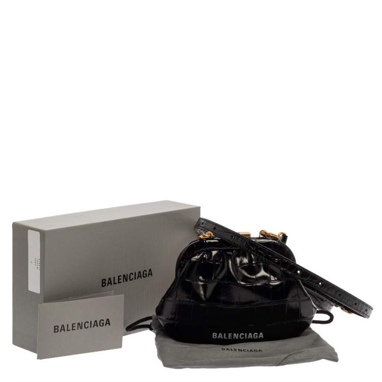 Pre Owned Balenciaga Black Croc Embossed Leather Cloud Coin Purse Clutch Bag