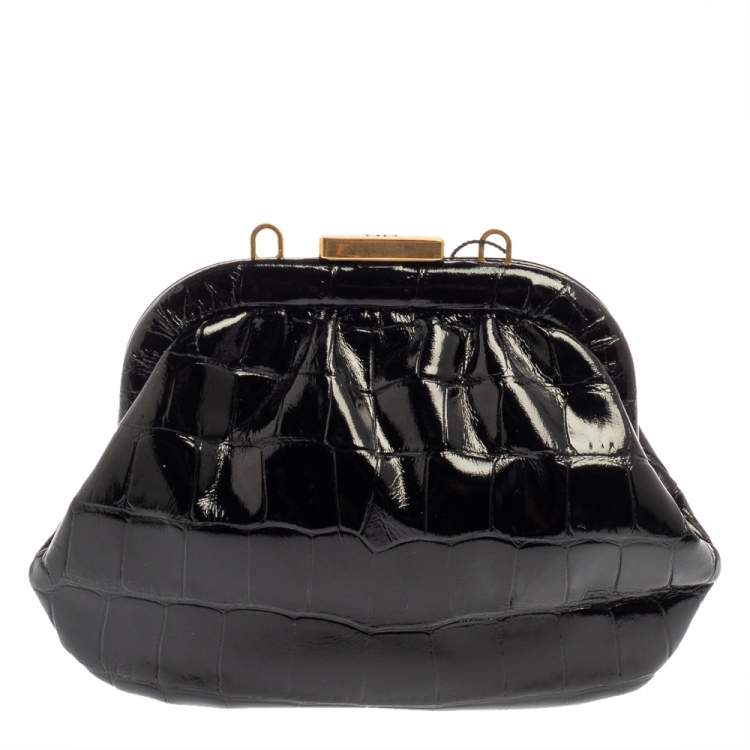 Pre Owned Balenciaga Black Croc Embossed Leather Cloud Coin Purse Clutch Bag