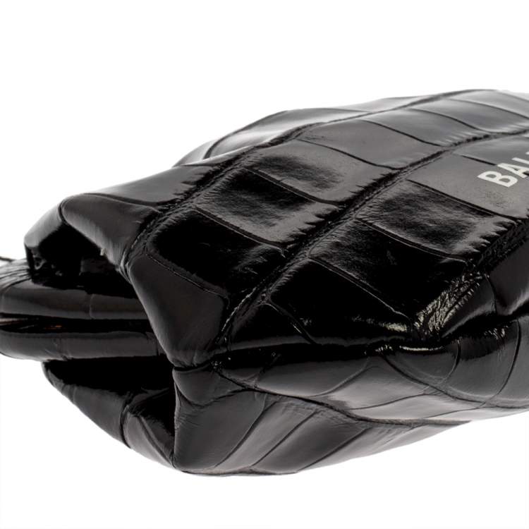 Pre Owned Balenciaga Black Croc Embossed Leather Cloud Coin Purse Clutch Bag