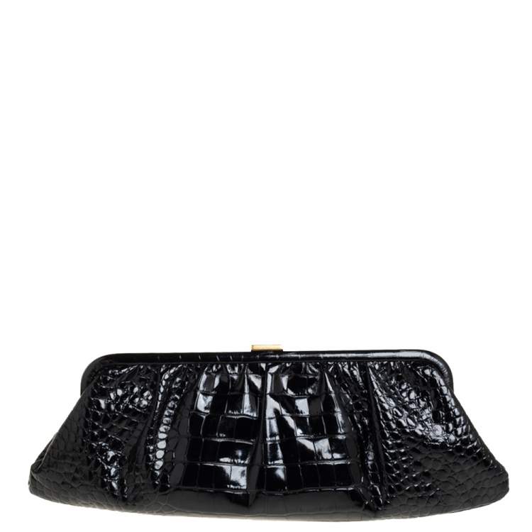 Pre Owned Balenciaga Black Crocodile Embossed Glossy Leather XL Cloud Clutch Bag