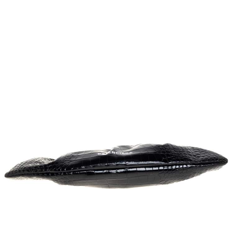 Pre Owned Balenciaga Black Crocodile Embossed Glossy Leather XL Cloud Clutch Bag