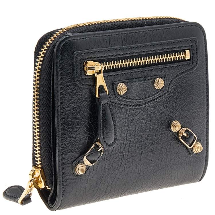 Pre Owned Balenciaga Black Leather Motocross Zip Around Compact Wallet 	 